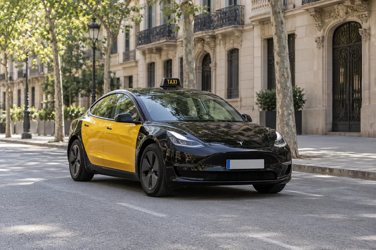 Un Tesla taxi negro y amarillo en Barcelona; imagen ilustrativa generada con IA
